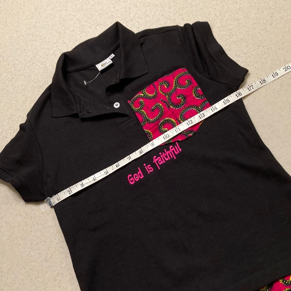 Lacoste NWOT Custom Polo Youth Size XL Black Pink  "God is faithful" - Picture 4 of 11